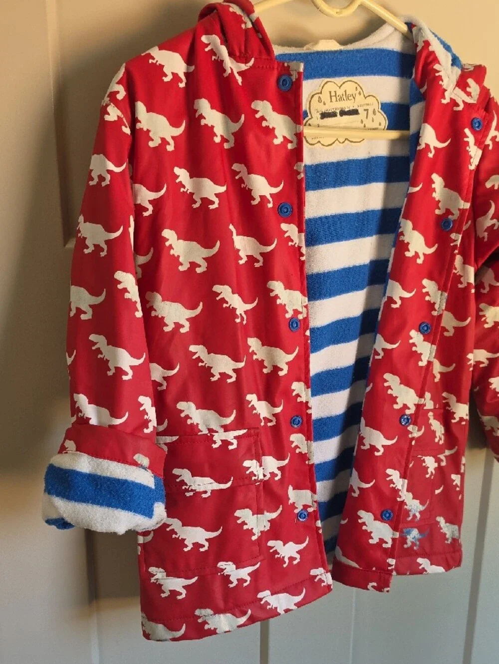 Hatley Red Raincoat with White Dinosaur Print Changes Color When Wet